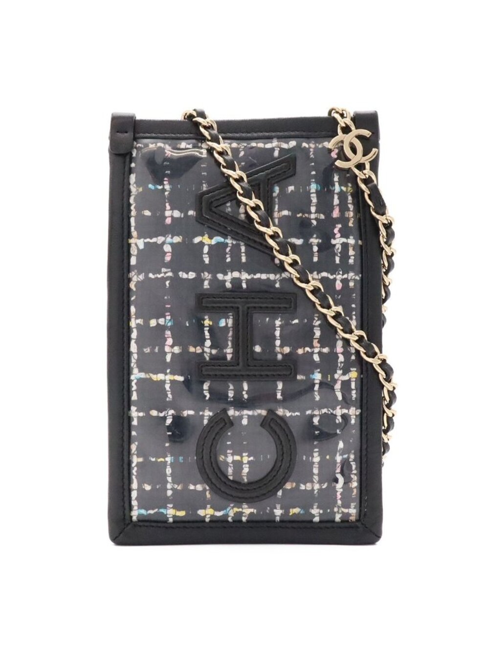 Chanel Logo Tweed Chain Shoulder Pouch Pochette Vinyl Leather Clear Black Gold